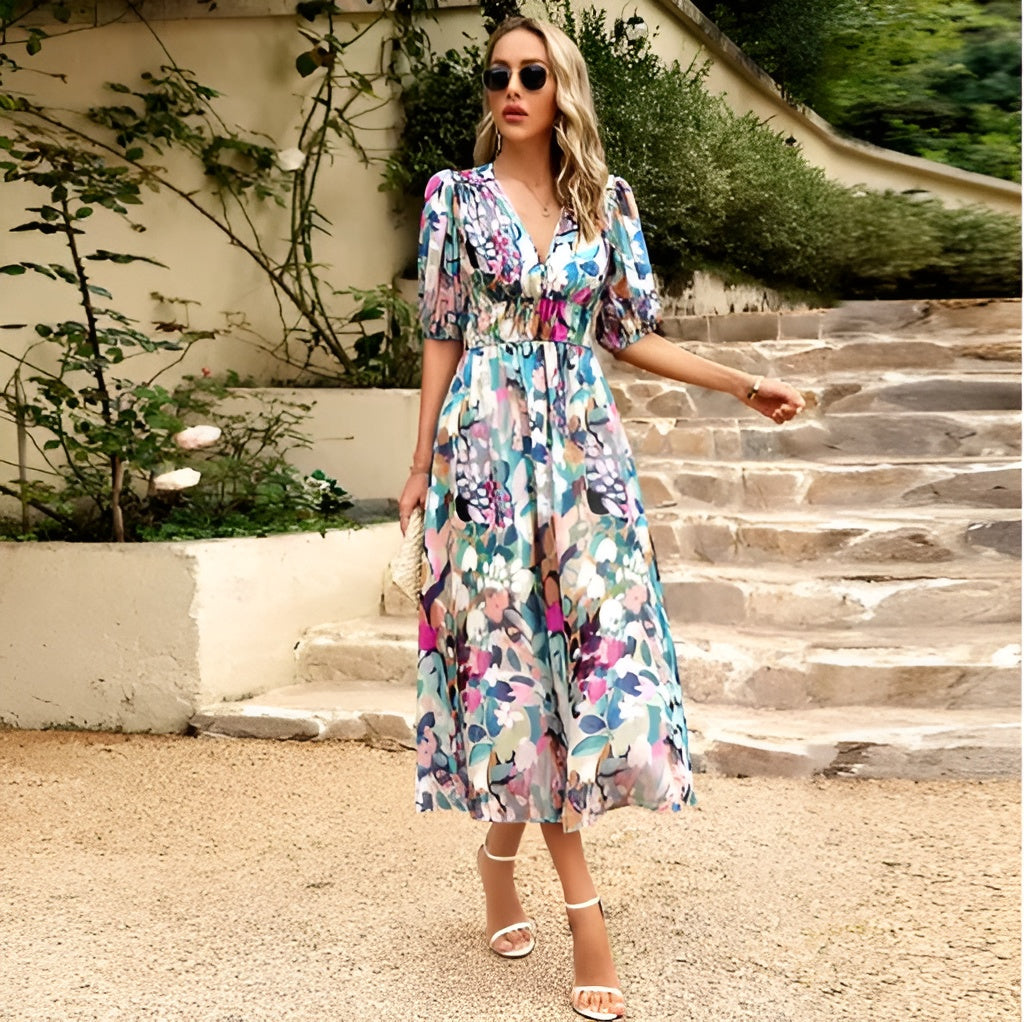 All-Season V-Neck Printed Dress