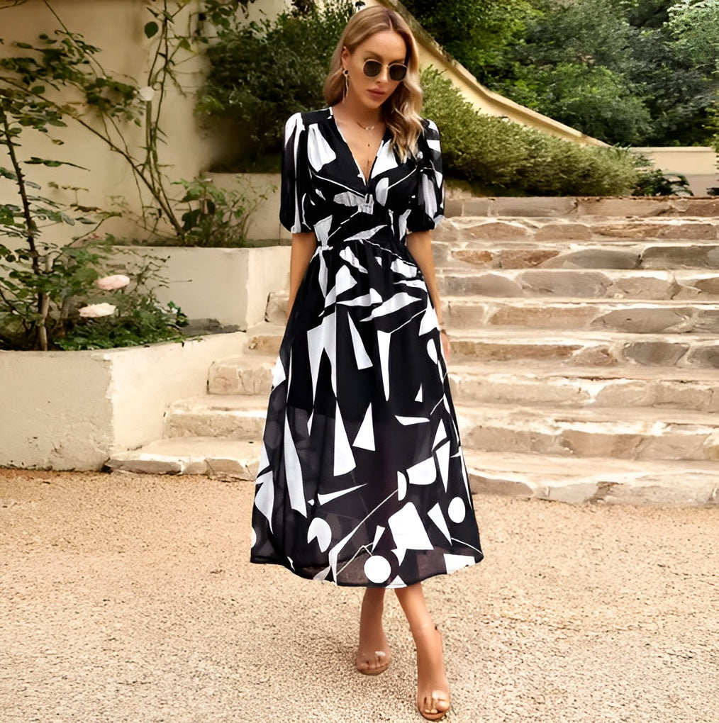 All-Season V-Neck Printed Dress