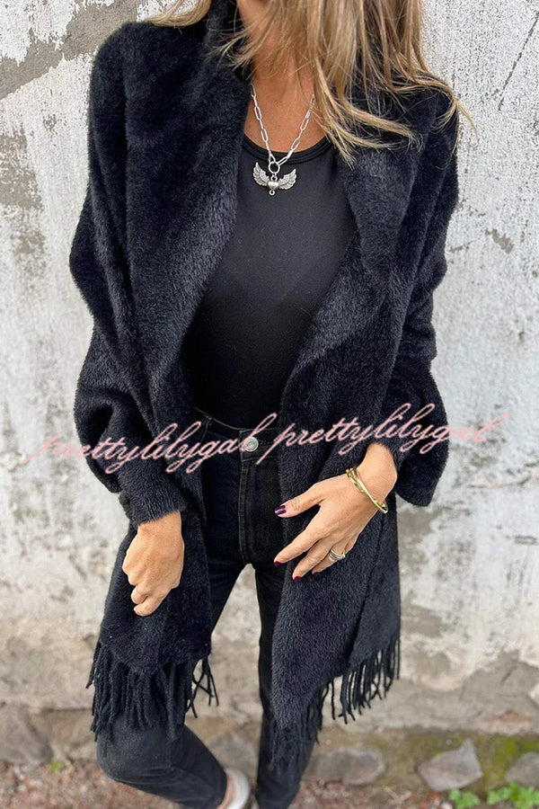 Warm Corner Knit Plush Tassel Trim Relaxed Shawl Cardigan