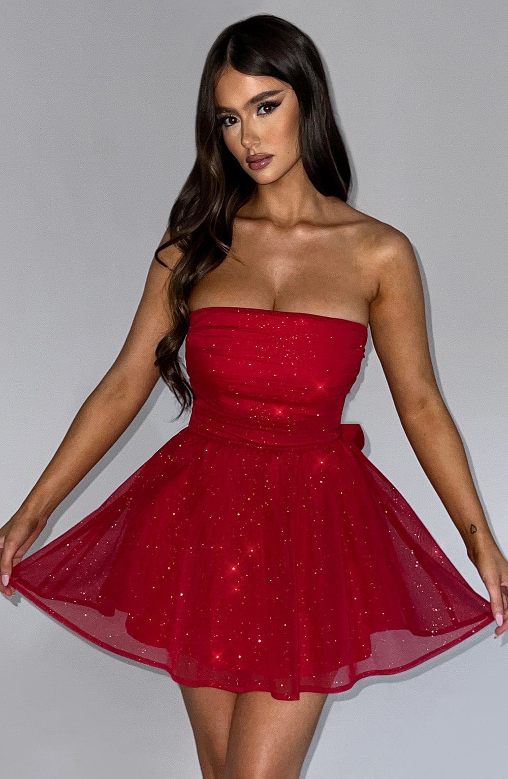 Medeia Mesh Strapless Sparkle Sexy Mini Dress